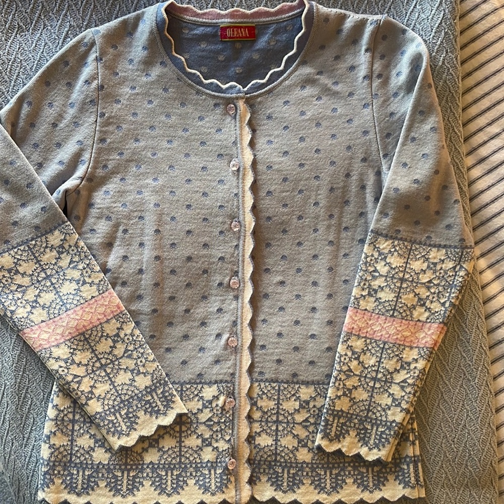 Oleana Cardigan in Light Blue with Accents of Cornflower Blue, White and Pink
